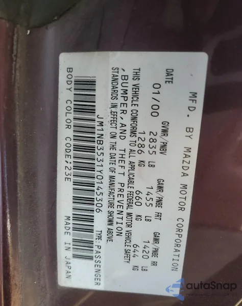 2000 Mazd Mx-5 Miata z USA, uszkodzony, nr VIN JM1NB3531Y0145306